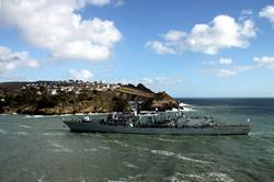 HMS Somerset passing Polruan